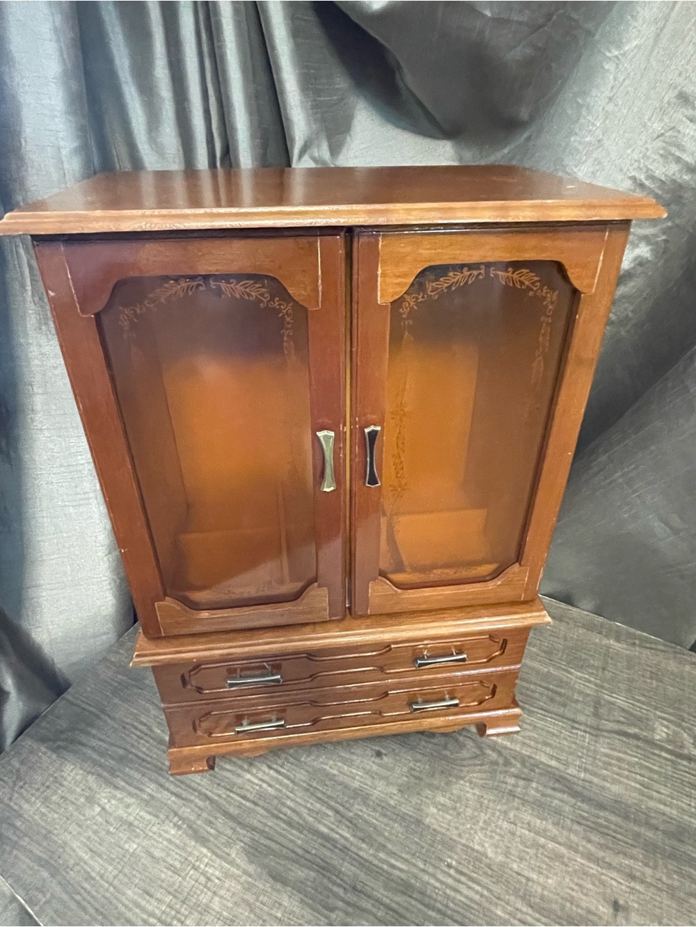 Vintage Mele Wood Jewelry Armoire Etched Glass Box